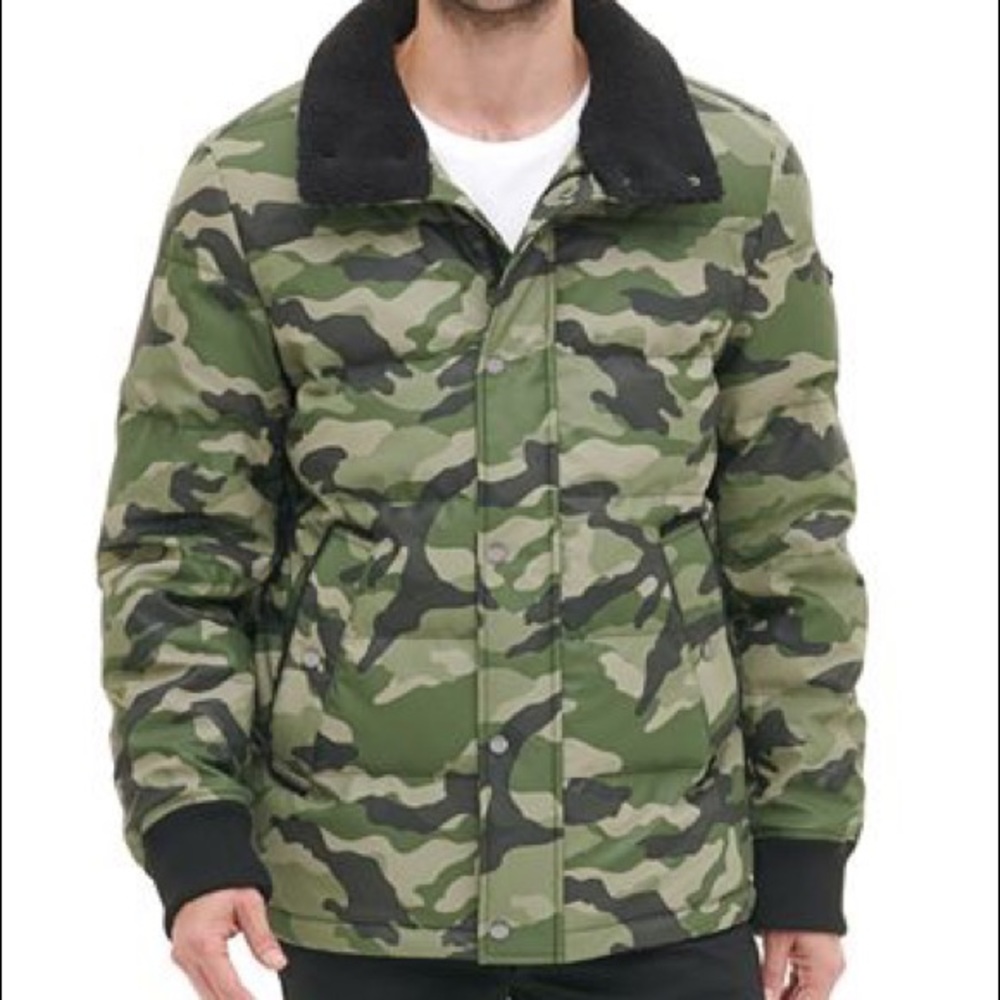 DKNY Men’s Sherpa Trimmed Military Bomber Puffer